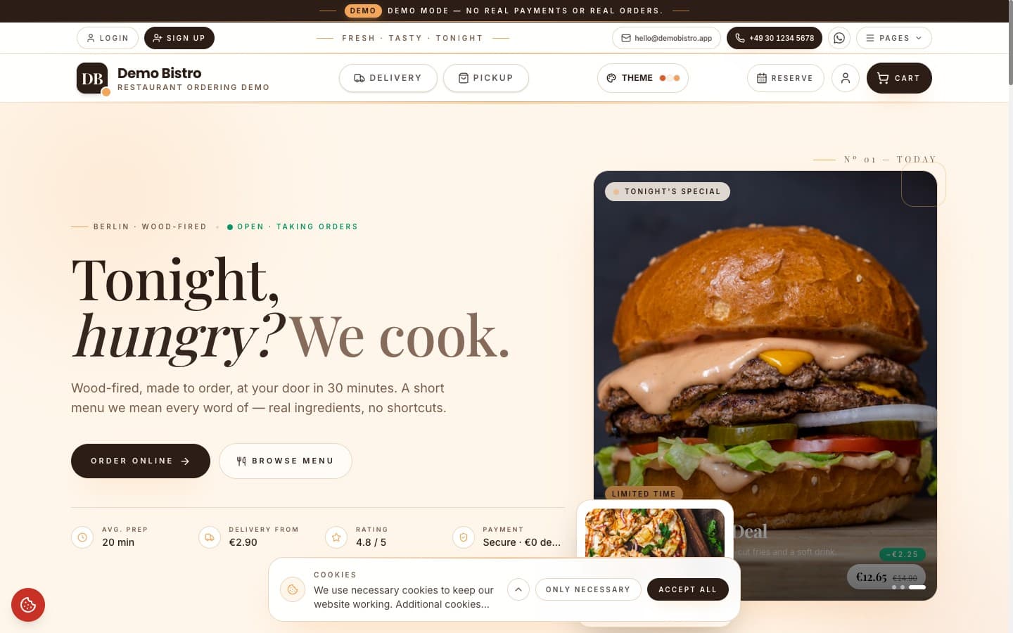 Demo Bistro restaurant ordering homepage