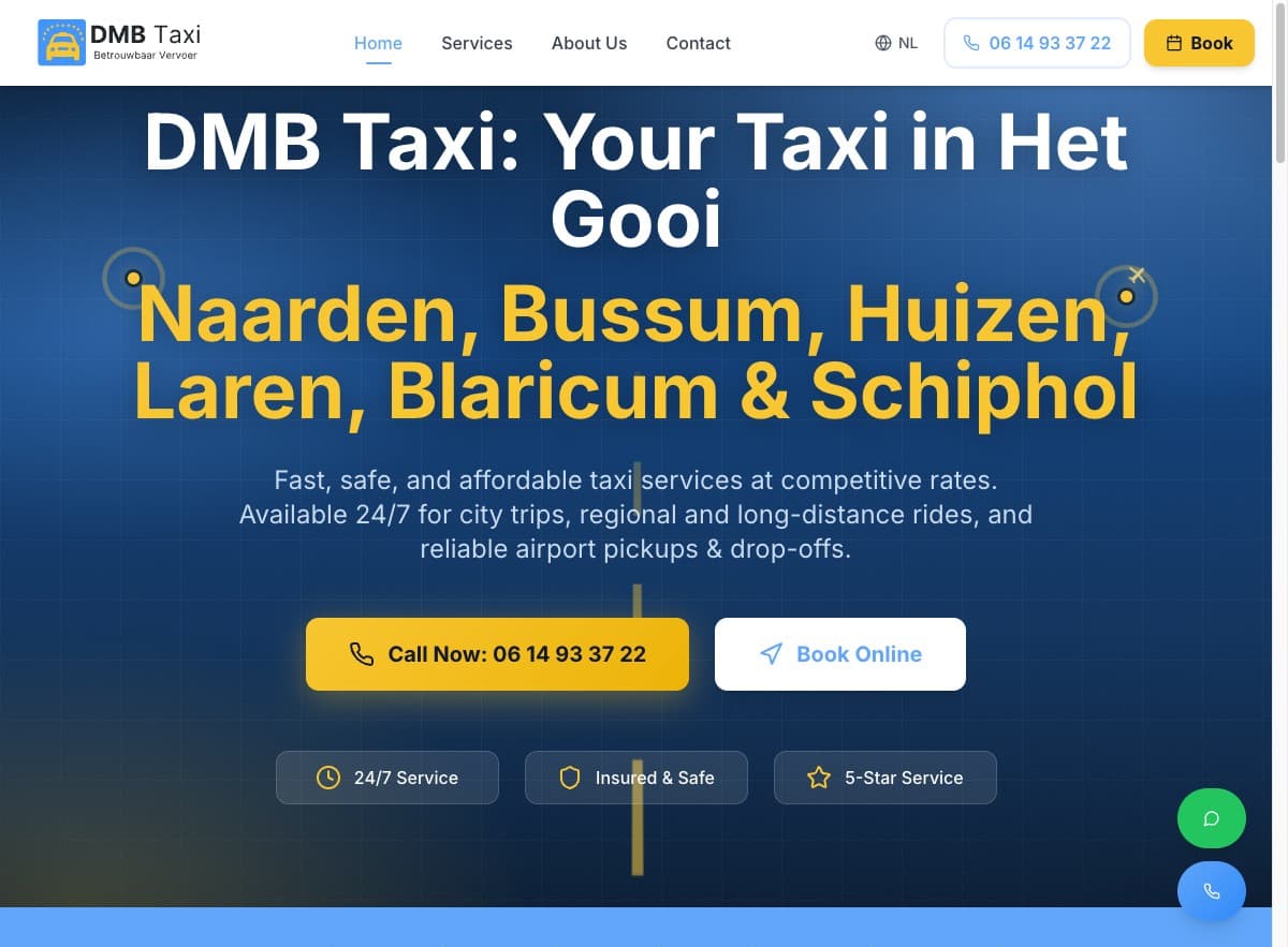 DMB Taxi Het Gooi 24/7 transport homepage